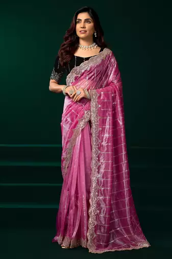 Pink net sequence emboidery festive saree with unstitched blouse piece