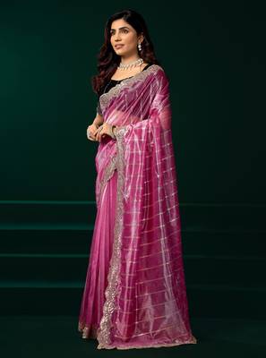 Pink net sequence emboidery festive saree with unstitched blouse piece 3