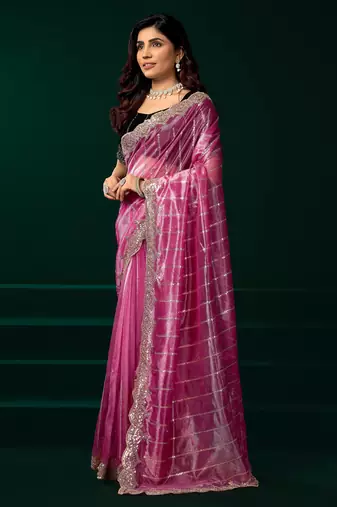Pink net sequence emboidery festive saree with unstitched blouse piece