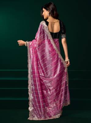 Pink net sequence emboidery festive saree with unstitched blouse piece 4