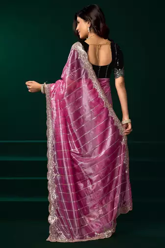 Pink net sequence emboidery festive saree with unstitched blouse piece