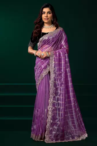 Lavender net sequence emboidery festive saree with unstitched blouse piece