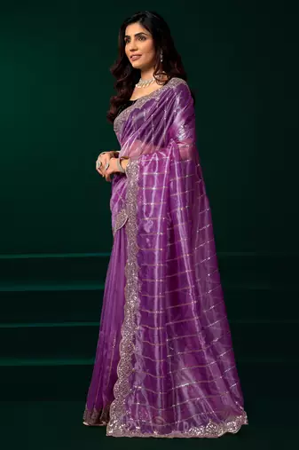 Lavender net sequence emboidery festive saree with unstitched blouse piece