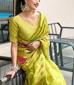 Parrot silk blend banarasi saree with unstitched blouse piece