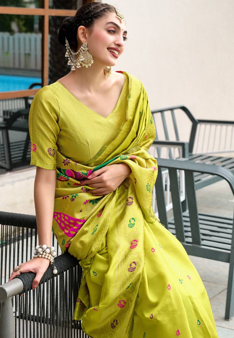 Parrot soft silk blend banarasi jacuard work designer party wear saree with unstitched blouse piece