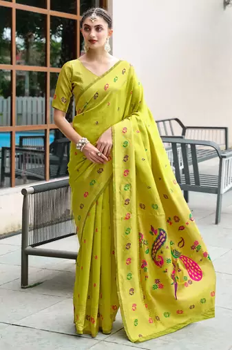 Parrot silk blend banarasi saree with unstitched blouse piece