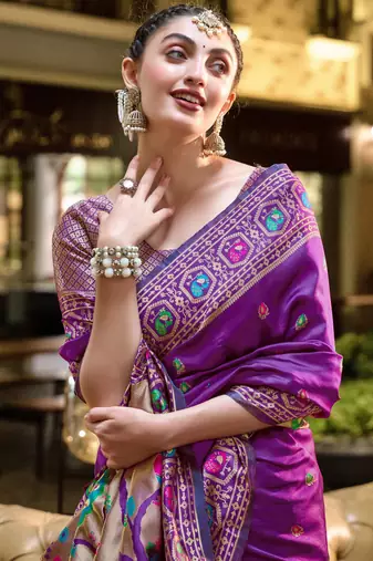 Purple soft silk blend banarasi jacuard work designer party wear saree with unstitched blouse piece
