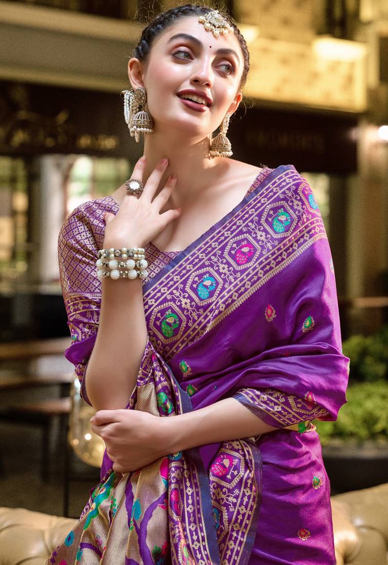 Purple soft silk blend banarasi jacuard work designer party wear saree with unstitched blouse piece