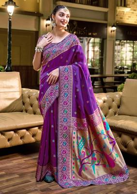 Purple silk blend banarasi saree with unstitched blouse piece 2