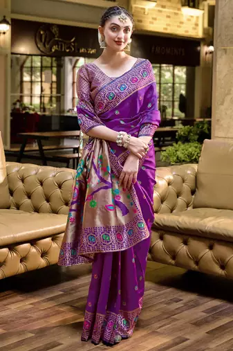 Purple silk blend banarasi saree with unstitched blouse piece