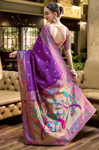 Purple silk blend banarasi saree with unstitched blouse piece