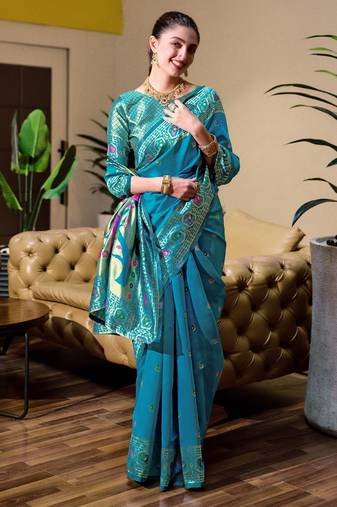 Aqua silk blend banarasi saree with unstitched blouse piece