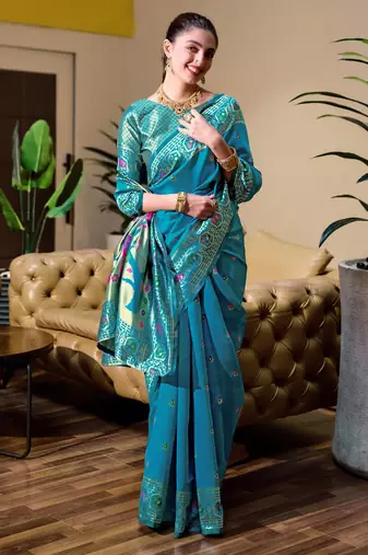 Aqua silk blend banarasi saree with unstitched blouse piece