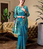 Aqua silk blend banarasi saree with unstitched blouse piece