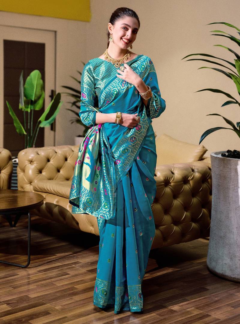 Aqua soft silk blend banarasi jacuard work designer party wear saree with unstitched blouse piece