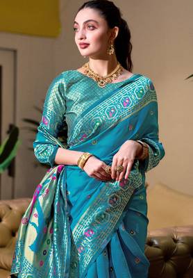 Aqua silk blend banarasi saree with unstitched blouse piece 2