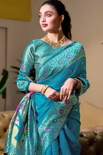Aqua silk blend banarasi saree with unstitched blouse piece
