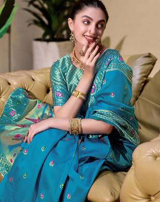 Aqua silk blend banarasi saree with unstitched blouse piece 3