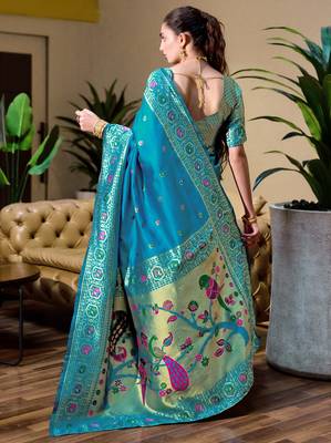 Aqua silk blend banarasi saree with unstitched blouse piece 4