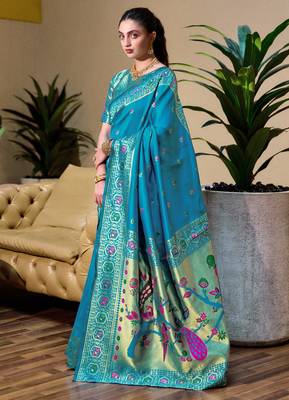 Aqua silk blend banarasi saree with unstitched blouse piece 5