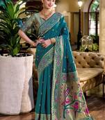 Rama silk blend banarasi saree with unstitched blouse piece