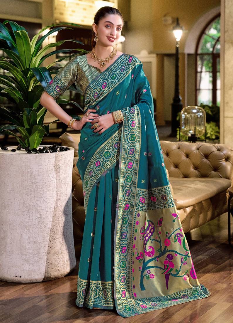 Rama soft silk blend banarasi jacuard work designer party wear saree with unstitched blouse piece
