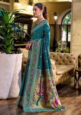 Rama silk blend banarasi saree with unstitched blouse piece 3