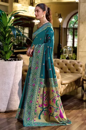 Rama silk blend banarasi saree with unstitched blouse piece
