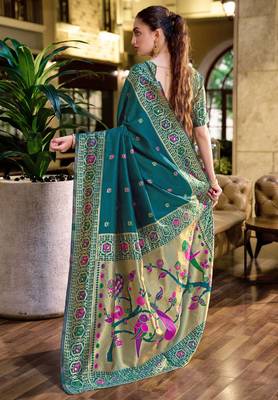 Rama silk blend banarasi saree with unstitched blouse piece 4