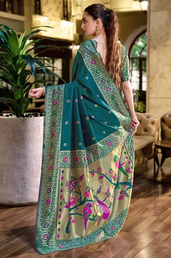 Rama silk blend banarasi saree with unstitched blouse piece