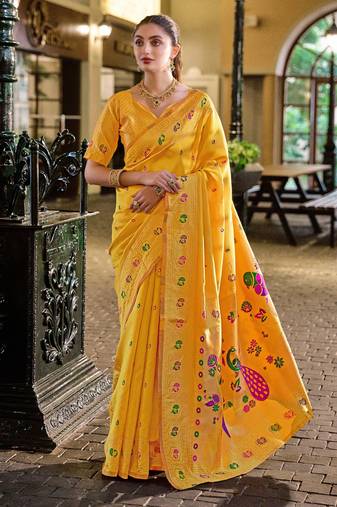 Yellow silk blend banarasi saree with unstitched blouse piece