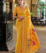 Yellow silk blend banarasi saree with unstitched blouse piece