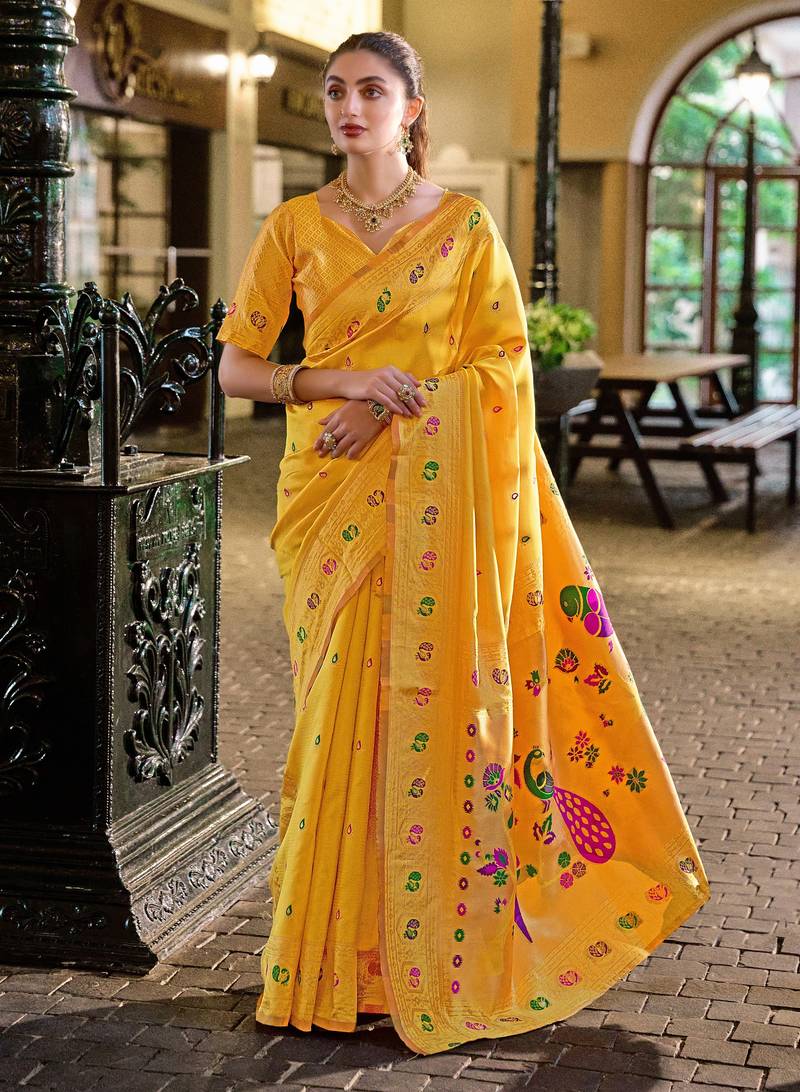 Yellow soft silk blend banarasi jacuard work designer party wear saree with unstitched blouse piece