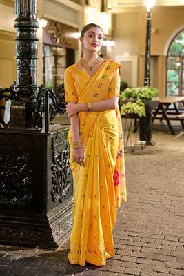 Yellow silk blend banarasi saree with unstitched blouse piece 2