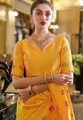 Yellow silk blend banarasi saree with unstitched blouse piece 4