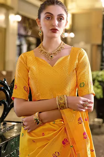 Yellow silk blend banarasi saree with unstitched blouse piece