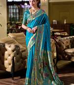 Aqua silk blend banarasi saree with unstitched blouse piece