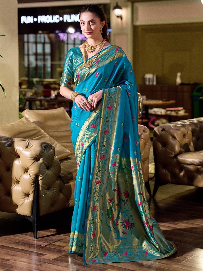 Aqua soft silk blend banarasi jacuard work designer party wear saree with unstitched blouse piece