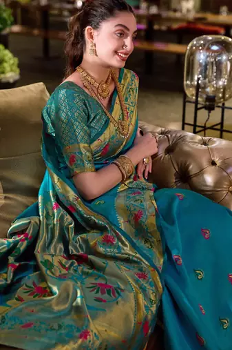 Aqua silk blend banarasi saree with unstitched blouse piece