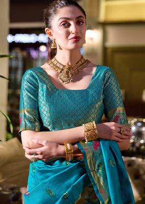 Aqua silk blend banarasi saree with unstitched blouse piece 5