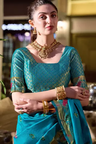 Aqua silk blend banarasi saree with unstitched blouse piece