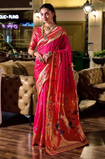Rani pink soft silk blend banarasi jacuard work designer party wear saree with unstitched blouse piece
