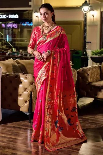 Rani pink silk blend banarasi saree with unstitched blouse piece