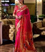 Rani pink silk blend banarasi saree with unstitched blouse piece