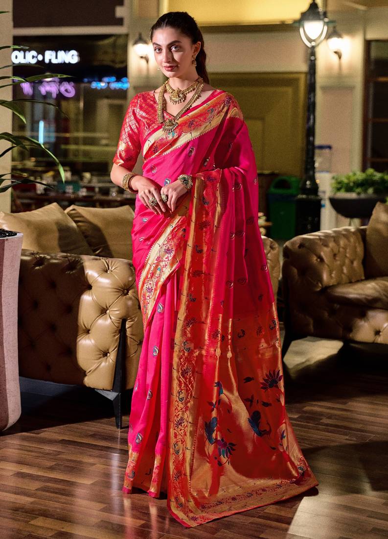 Rani pink soft silk blend banarasi jacuard work designer party wear saree with unstitched blouse piece