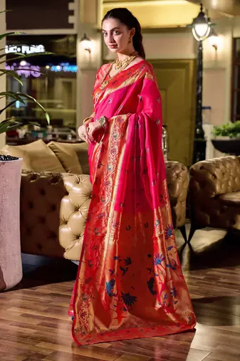 Rani pink silk blend banarasi saree with unstitched blouse piece