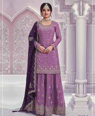Purple chinon heavy embroidery semi stitched wedding palazzo suits 1