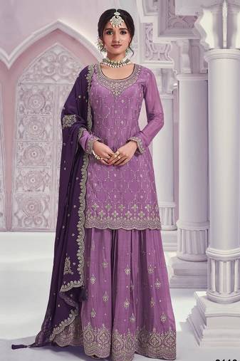 Purple chinon heavy embroidery semi stitched wedding palazzo suits