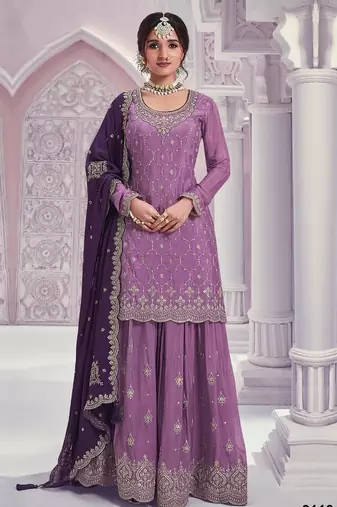 Purple chinon heavy embroidery semi stitched wedding palazzo suits