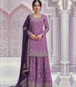Purple chinon heavy embroidery semi stitched wedding palazzo suits